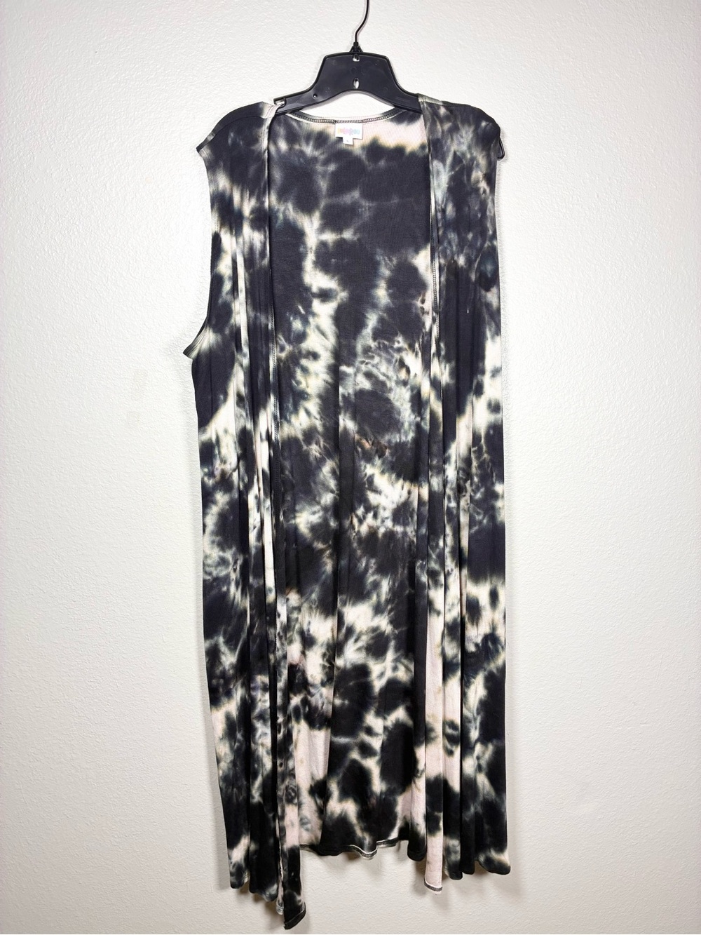 LuLaRoe Sleeveless Duster Size L Black Cream Tie Dye Boho Kimono Layer Festival